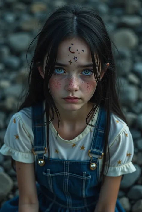 stars, standard, freckled face, automatic white balance, intersting lights and shadows, hyperdetailed, meditation, clamps, high quality photo, witches, (photorealistic:1.4), blue eyes, ((masterpiece)), pinafore dress, antagonist, road, rocks, ultra detaile...