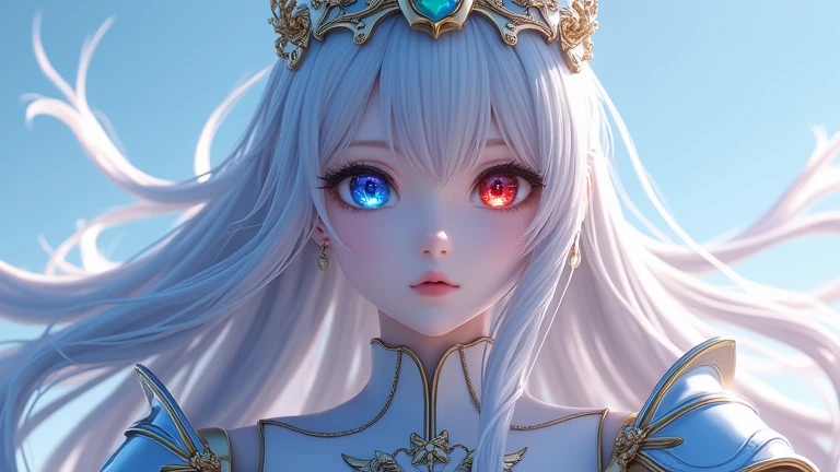  long silvery hair flowing in the wind 、 red eyes、 blue eyes、 odd-eye、 diamond-shaped iris 、 big eyes、 rainbow heterochromia、 white skin、 fine skin、armor、crown、Teardrop、至福のarmor着用、Elf、 Transcendental Female Beauty Magical Effects、4K、anime、3d