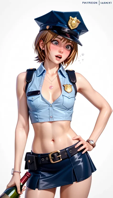  One girl ,  Kairi from Kingdom Hearts,  viewers(Blushed face:1.0),real skin ,small breasts,  shiny hair ,  Super Detailed Black Eyes,( Equipped Police Belt :1.2),( watch ),( shot from the front:1.2),24K,(Standing in a sexy pose:1.2),(Drunk:1.2),(Surprised...