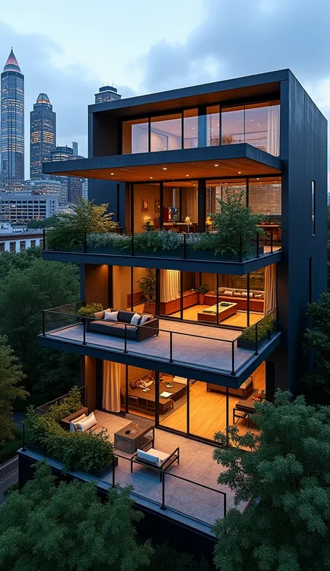 A stylish modern house in the heart of a bustling city, with a rooftop garden and sleek geometric architecture. The exterior is a combination of glass, steel, and wood, designed to reflect the city lights at night. Floor-to-ceiling windows offer panoramic ...