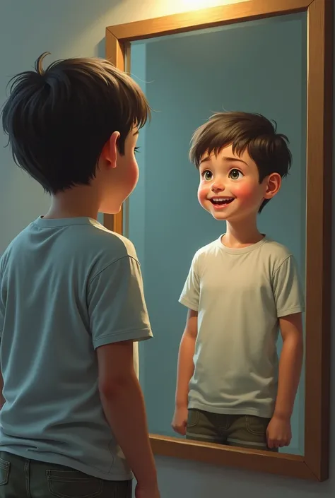 "A  standing in front of a mirror. In reality, the boy appears slightly obese, wearing a neutral expression. In the mirrors reflection, the same boy looks fit, healthy, and is smiling confidently."