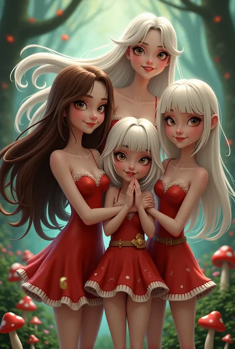  A team of 4 Disney style fly agaric girls . 3 girls with brown hair and 1 girl with white hair. Girls are cunning and harmful . 