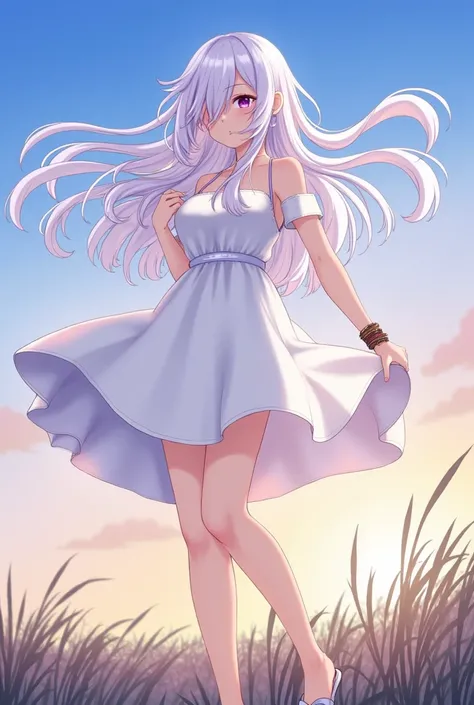 1girl, solo, long hair, crystal eyes, white dress, blue gradient, breasts, hips, waist, white hair, purple streaks, full body, wind, shoes, outdoors, nature, bracelets, earrings, sunset, short dress, field