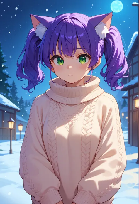 Purple Hair、 twin tails、Cat ears、
 girl、 sweater 、 muffler 、
 green eyes、snow、 night view