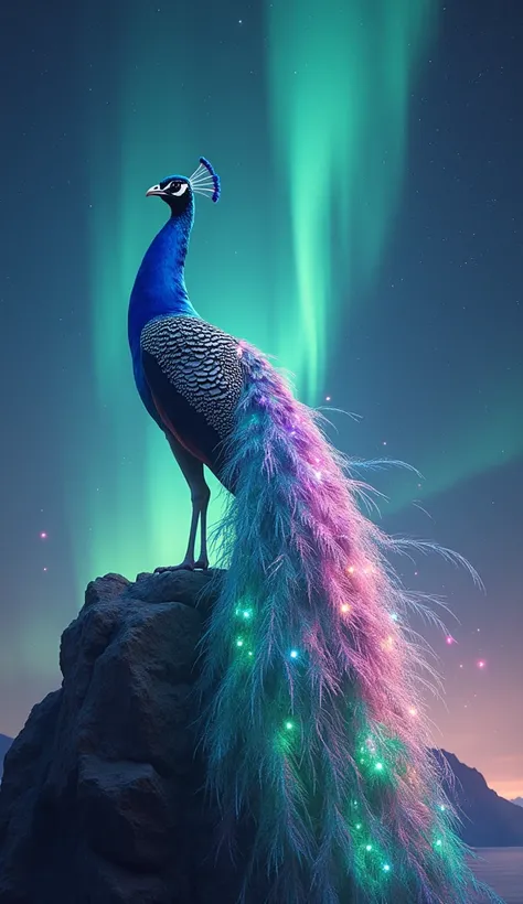 A breathtaking fusion of a vibrant, majestic peacock with shimmering feathers that resemble a celestial aurora. The peacocks plumage transitions from deep blues, greens, and purples into glowing ribbons of aurora borealis light that ripple and shimmer as i...