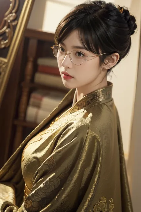 (((best quality))),(((super detailed))),(((masterpiece))), illustration,1 girl, detailed face, glasses, pixie cut hair, chinese dress