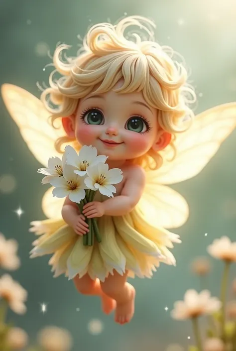 CUTE LITTLE FAIRY FLYING HOLDING MULTIPLE WHITE FLOWERS, SMILING VIVIDLY PORTRAIT