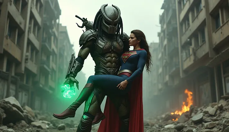 The movie predator in the midst of a wrecked city , with Supergirl in one of her arms and a kryptonite stone in the other hand 