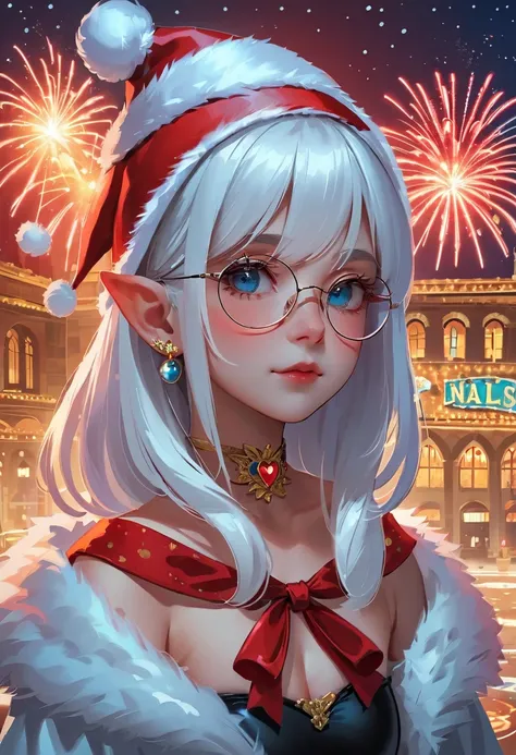 1 Girl, Beautiful Face, collar,Christmas，Santa hat, Bare shoulders, White hair, (High Saturation), fireworks，neon lights, Night City, bespectacled, long pointy ears, heart in eye, blind box toy style, rococo style, Chiaroscuro, depth of field, sparkle, ray...