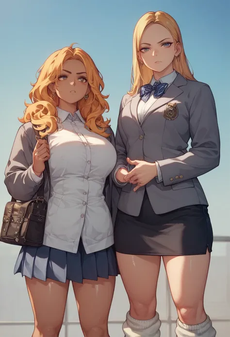  BLACK GAL 、plump high school lady 、 Long Golden Hair、Broad forehead、parted bangs、 brown skin next to a woman、 shiny skin、 Grey Blazer、 skirt、 dirty loose socks staring at、 top quality ,  highest resolution, （illustration style）