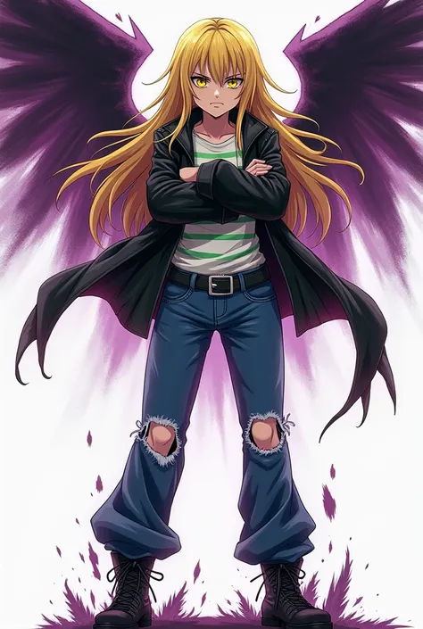  Almost tall emo young adult girl with long blond hair, with creepy black empty eyes and yellow pupils ,black leather jacket with thin sleeves , ordinary white blouse with green stripes ,Blue Dins pants with torn knees , black boots, with the energy of pur...