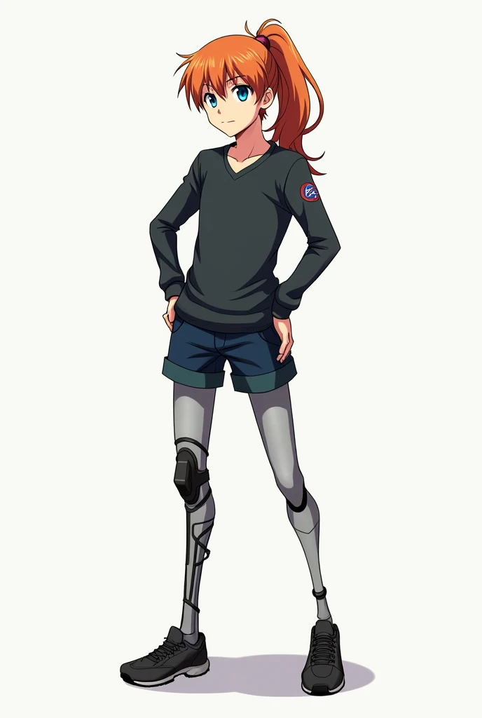 A young adult anime boy with two prosthetic legs below the knees and long orangish-brown hair in a ponytail and piercing blue eyes