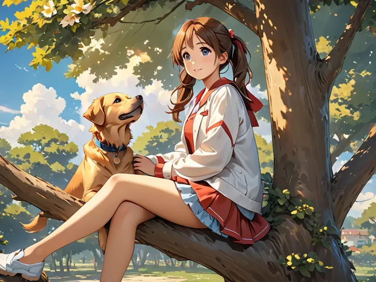 dog Retriever 1,  Brown Haired Pigtails Girl 1 , sitting in a tree, High definition, afternoon.