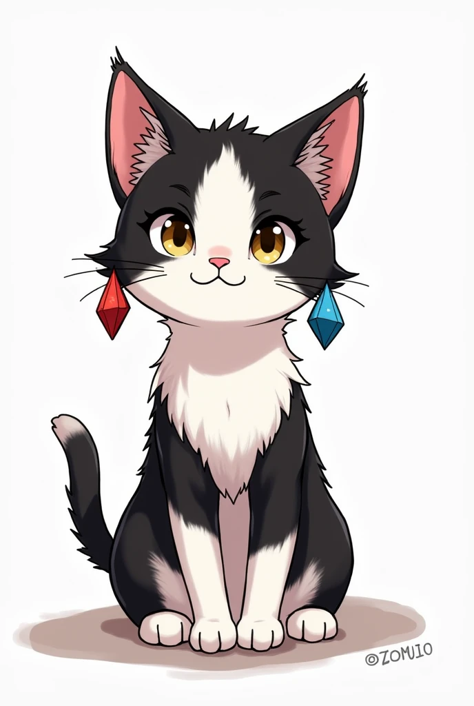 A drawing of a black and white cat with tanjiro earrings 