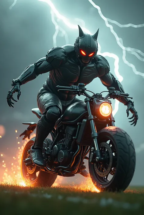 A terrifying hybrid of Cristiano Ronaldo and a motorcycle dominates the pitch. Its upper body retains Ronaldo’s muscular torso, but his arms are now metallic, ending in sharp, articulated claws. The lower half of the creature is a sleek motorcycle frame, w...