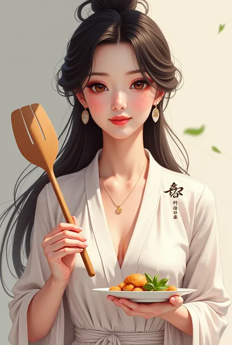 Create a logo image of a stunningly beautiful Chinese sexy woman holding a spatula,with the words Bakso si eneng