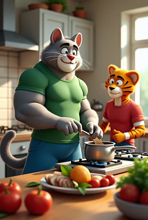 "Alex, the muscular grey cat with fluffy soft fur and a green t-shirt and blue shorts, confidently takes over the kitchen, stirring a pot on the stove. His muscular build is evident as he works efficiently, wearing blue shorts. Speed, the muscular tiger wi...