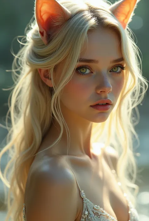 create a blond young, skinny and beautiful woman with cat eyes