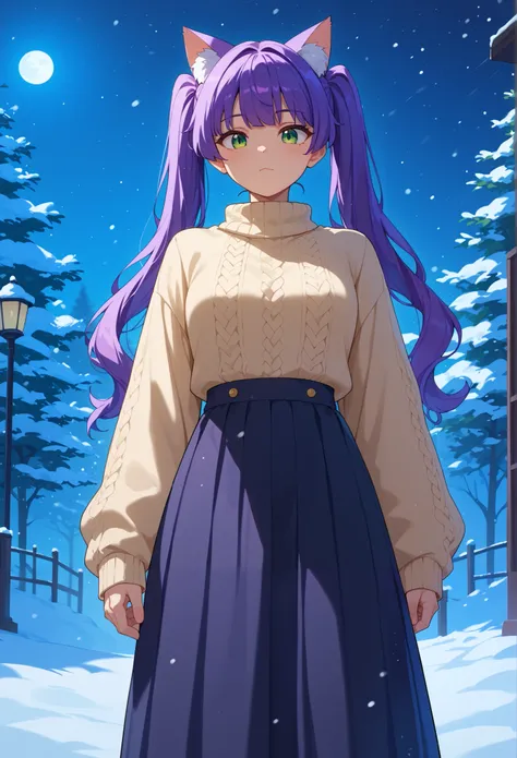 Purple Hair、 twin tails、Cat ears、
 girl、 sweater 、 muffler 、
 green eyes、snow、 night view、 long hair、 long skirt 