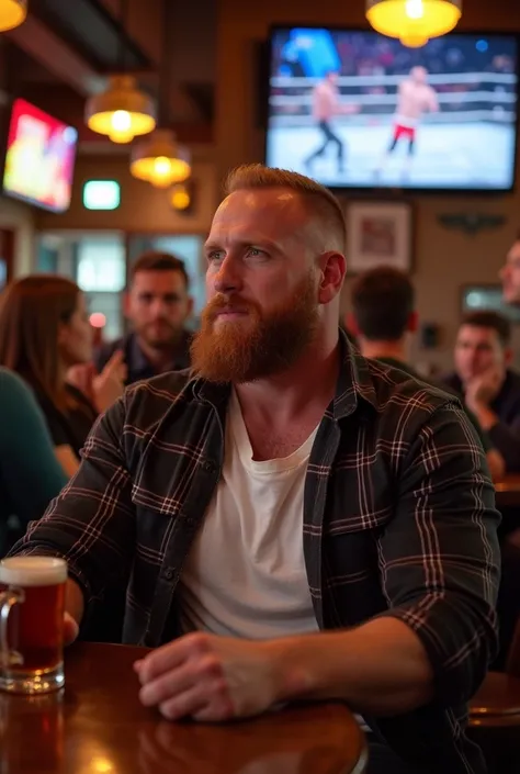 Sheamus , gordo,sitting at an Irish bar ,  with attention focused on a wall-mounted flat-screen TV,  showing a live WWE match .  He is casually dressed ,  with an open plaid shirt and a white t-shirt .  The scene includes a bustling bar atmosphere , with o...