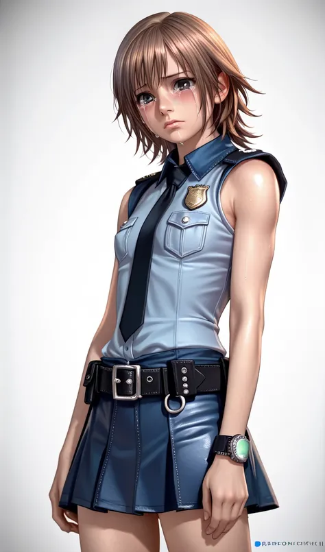  One girl ,  Kairi from Kingdom Hearts,  viewers(Blushed face:1.0),real skin ,small breasts,  shiny hair ,  Super Detailed Black Eyes,( Equipped Police Belt :1.2),(small wrist watch),( shot from the front:1.2),24K,(Standing in a sexy pose:1.2),(Cry a lot:1...