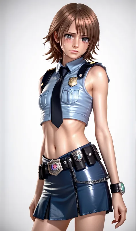  One girl ,  Kairi from Kingdom Hearts,  viewers(Blushed face:1.0),real skin ,small breasts,  shiny hair ,  Super Detailed Black Eyes,( Equipped Police Belt :1.2),(small wrist watch),( shot from the front:1.2),24K,(Standing in a sexy pose:1.2),(Cry a lot:1...