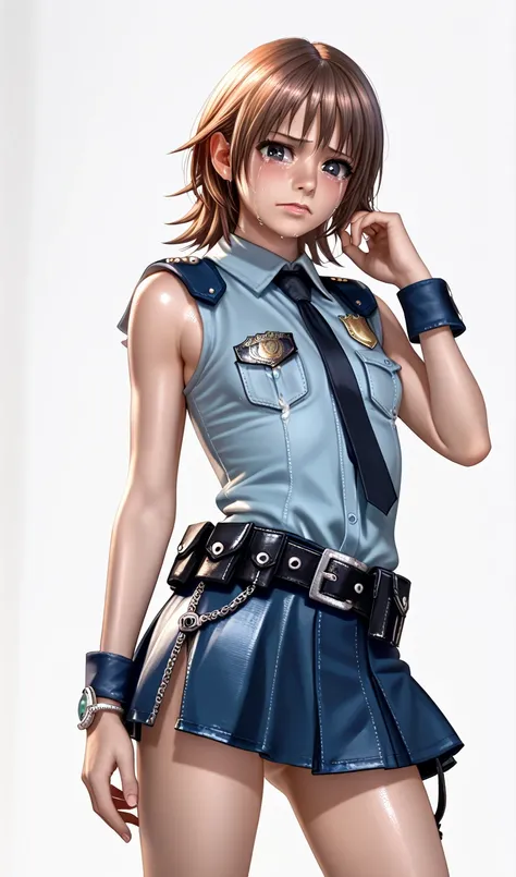  One girl ,  Kairi from Kingdom Hearts,  viewers(Blushed face:1.0),real skin ,small breasts,  shiny hair ,  Super Detailed Black Eyes,( Equipped Police Belt :1.2),(small wrist watch),( shot from the front:1.2),24K,(Standing in a sexy pose:1.2),(Cry a lot:1...