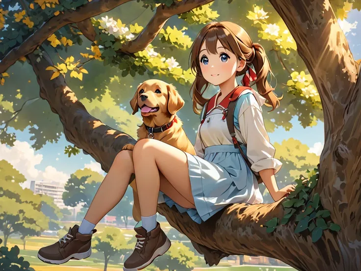 dog Retriever 1,  Brown Haired Pigtails Girl 1 , sitting in a tree, High definition, afternoon.