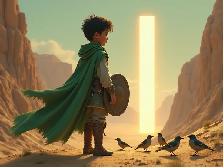 create the image of a light-black-skinned boy with a moss-green cape over his back and a luminous shield in his hand, He is in an arid valley with several sparrows around him and a large luminous portal in front of him 