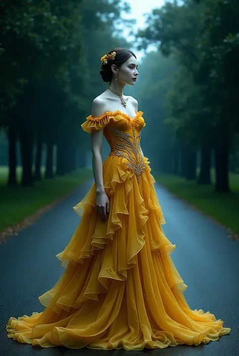 most beautiful Milky white courtesan wearing a velvet long ruffle floral yellow gown and she is looking so pretty with pendant which consist small diamonds . She is standing in middle road and both side is full of trees its night time .