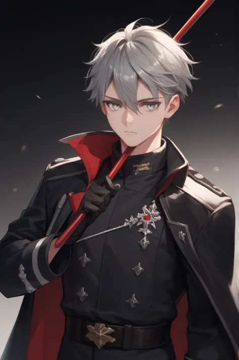 Anime boy , grey haired , silver eyes , wearing a black military costume , with an iron stick on his back , fantasy 