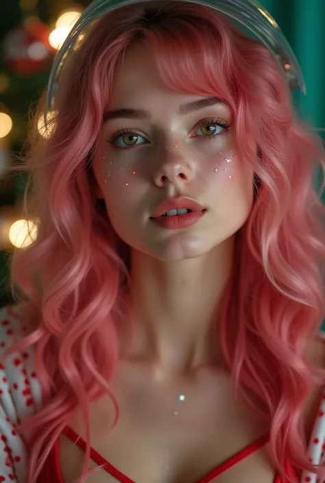 Close-up of a woman in red and white Christmas underwear:1.5)0.9], Christmas tree background:1.2) (Loose pink long curly hair:1.1) (Heterochromia: xanthochromia and brown eyes:1.2 ) (Space Helmet:1.0) (Colored stars in eyes: 1.0) (Shining light: 1.1) (full...