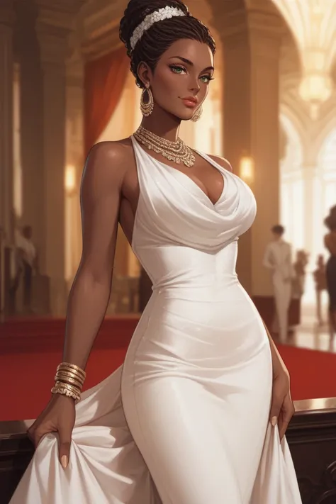 an opera singer, African American, dark skin, white dress, elegant, vintage look, highly detailed digital art.