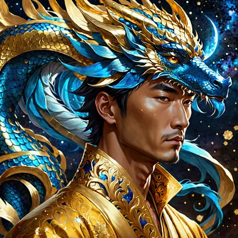 Wearing a gold robe ， have bluish scales on the head ， and face is similar to that of an Asian male from Earth，, eyes are calm like endless starry skies ， stay calm ， with leadership temperament ， behind it is endless chaos 