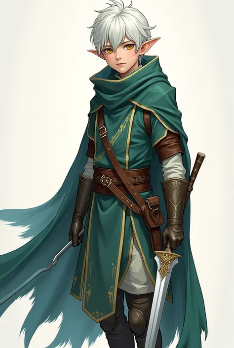 An illustration of a young male elf bladesinger from DnD, holding a short sword in one hand and a scimitar in the other hand. He has jet white hair and golden eyes, wearing mage outfit modified to not get in the way when sword fighting. The art should be i...