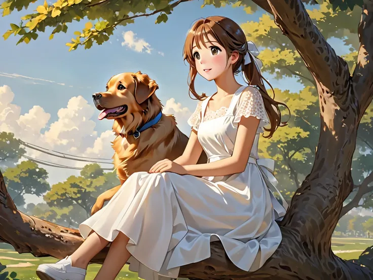 dog Retriever 1,  Brown Haired Pigtails Girl 1 , sitting in a tree, High definition, afternoon, white dress