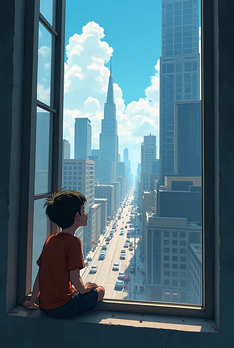 A boy looking towards the sky sitting in the window of a tall building in the rush city full of crowd 