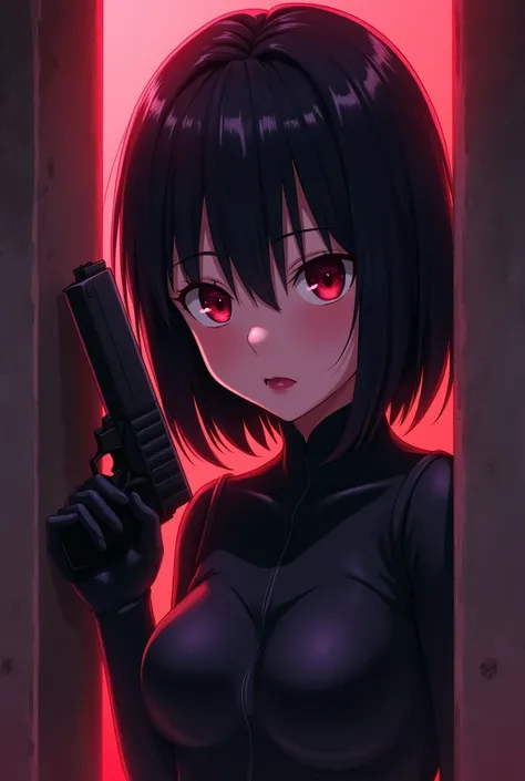 , the shoulder-length dark-haired girl  , With red eyes , Pink Lips ,  behind a hidden wall, with a gun in her hand., Wearing a latex battle suit  ,Anime style 