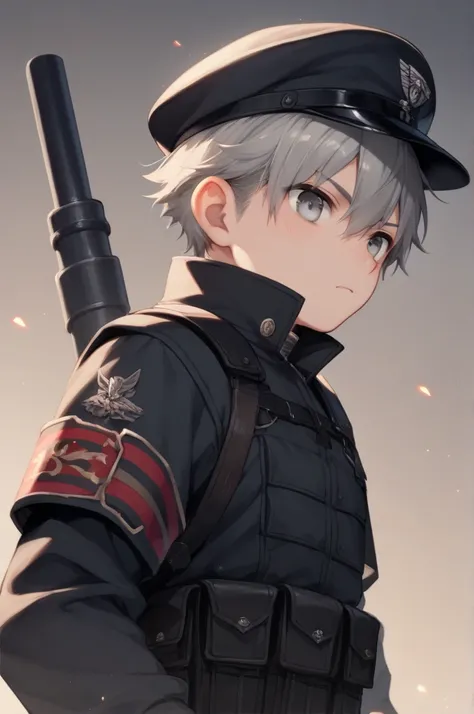 Anime boy , young ,  grey haired , silver eyes , wearing a black soldier costume , with an iron stick on his back , fantasy 