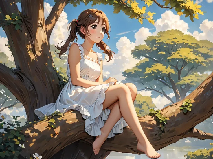 dog Retriever 1,  Brown Haired Pigtails Girl 1 , sitting in a tree, High definition, afternoon, white dress