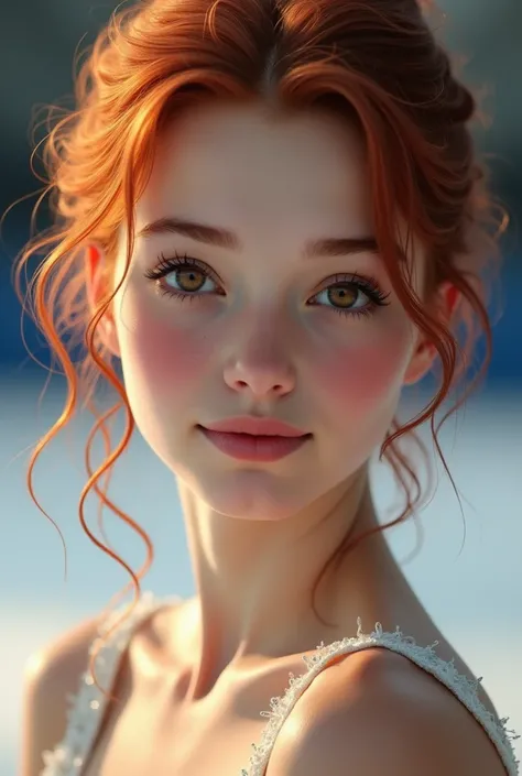 A young woman figure skater with natural red hair and light brown eyes. Let it be only the body part