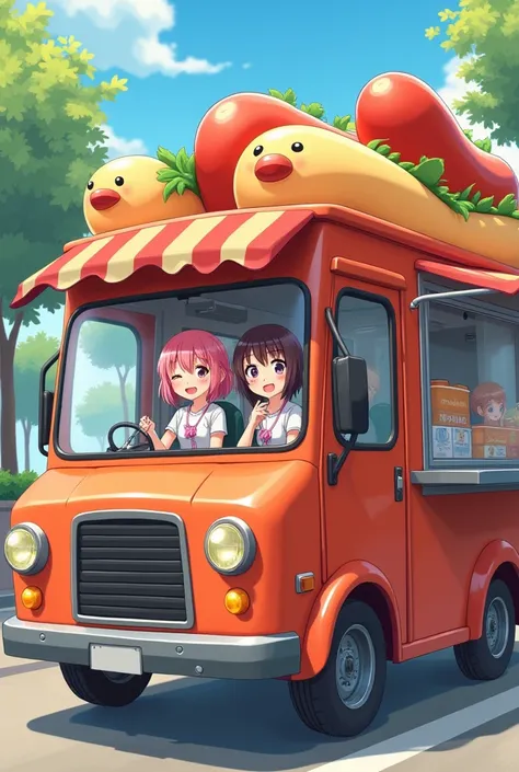 2 young girls.One of them driving a hotdog truck anime style