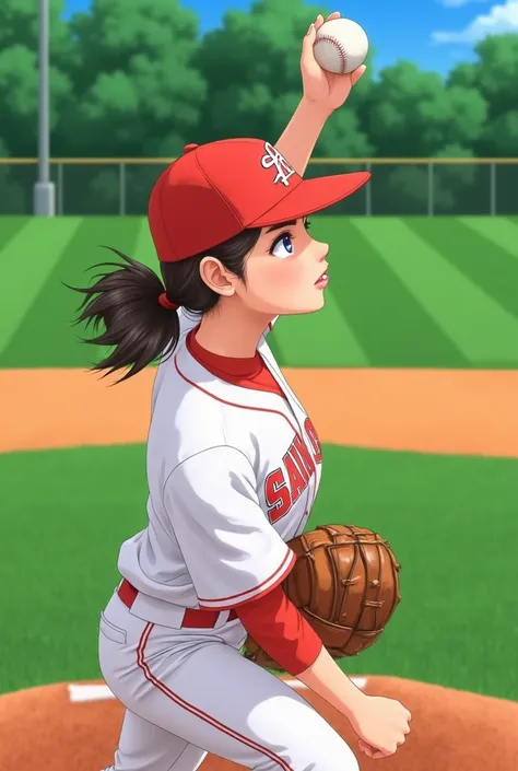 (masterpiece, best quality:1.2), a beautiful girl at age 16, whole body photo, she is playing baseball as a pitcher., dymanic photo,