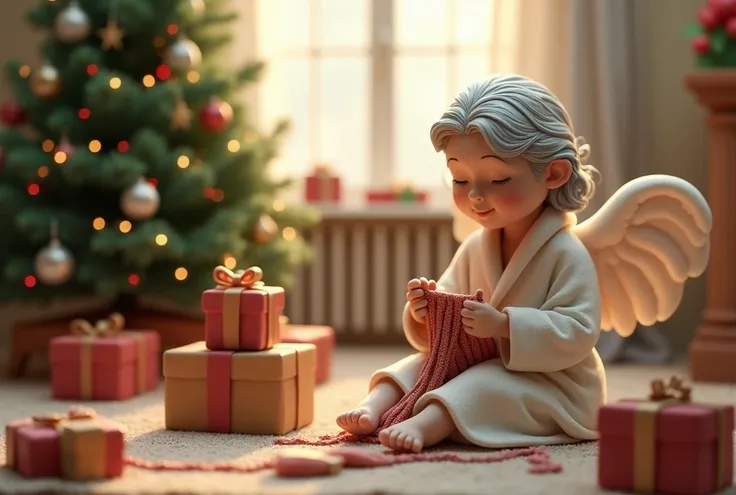 Angel in the living room . gifts.  Christmas tree .  The angel is an elderly woman who knits socks. The angel floats. The angle sitting with his back to the viewer. Alles aus Knetgummi 