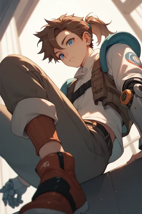 A young adult anime boy with two prosthetic legs below the knees and brown hair in a ponytail and piercing blue eyes