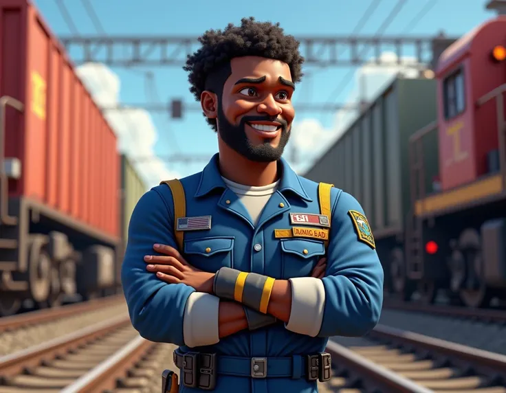  create the 3d cartoon style illustration of a black man,  black hair,  engineer and mechanic specializing in railroad . wearing blue jumpsuit . 