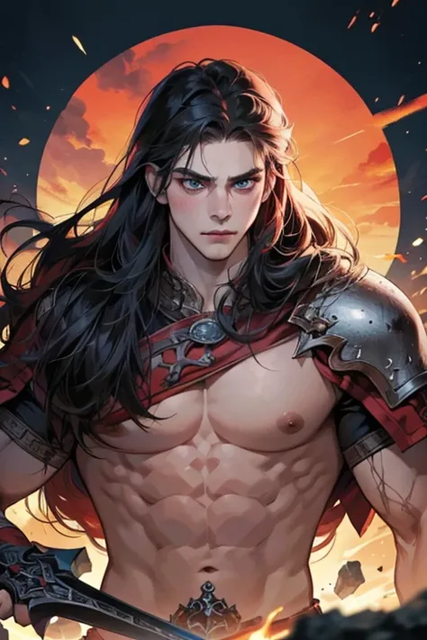 redhead man, scars on the skin, viking, Roupa viking, strong, Muscular,  serious facial expression , rpg art style, fantasy art style. Long hair,  high resolution, Blush,  Blue Eyes,  black hair, Necessary,  anatomically correct ,  best quality,  multiple ...