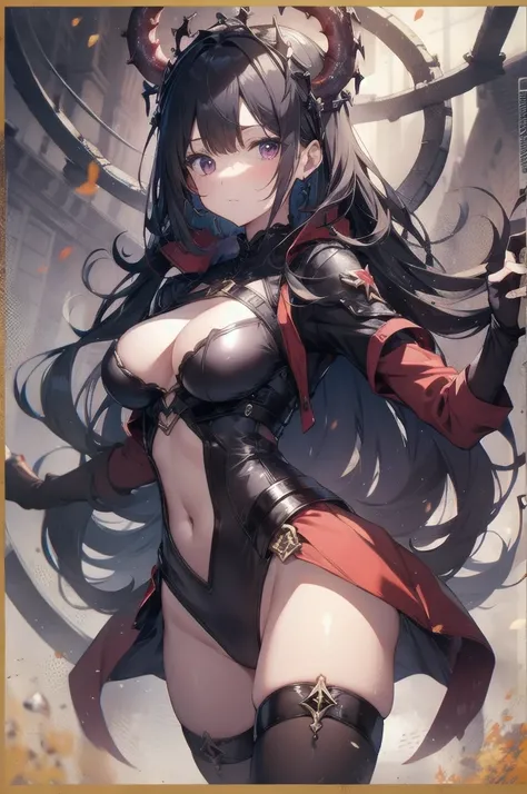  top grade 、Rich Hands and Feet 、Well-formed fingers、 slender beautiful woman、 straight hair、 brown hair 、( red high neck long sleeve leotard :1.5)、 golden leotard、( brown pantyhose :1.3)、 red cloak、Western Armor、 iron breastplate、Iron Shoulder Pad、 Iron G...