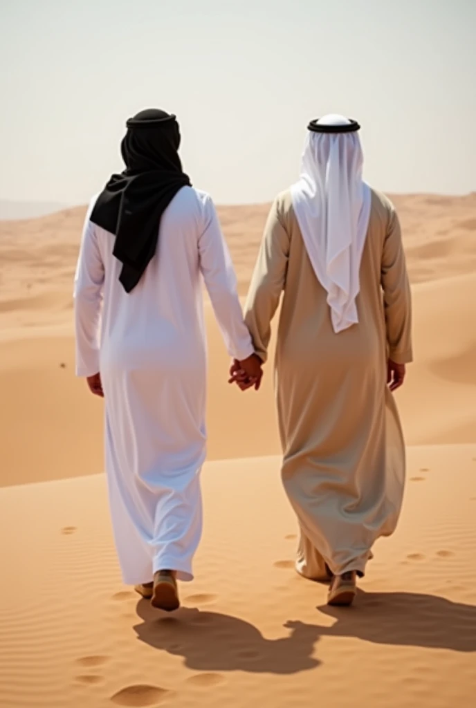 A photo of a 38-year-old man and a 55-year-old man, both of whom are Arab, holding hands and walking on the hot sand of the desert. The man on the left is wearing a white thobe and a black headscarf. The man on the right is wearing a beige thobe and a whit...