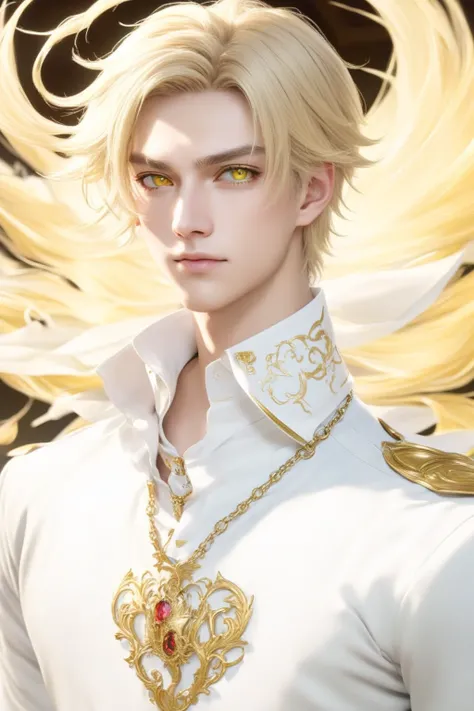 Close up of a person wearing a white shirt and a gold collar, Beautiful androgynous prince, A delicate androgynous prince,  a magical blonde prince portrait ,  John Liebert  mixed with dante,  John Liebert  mixed with alucard,  John Liebert , Demon Slayer-...